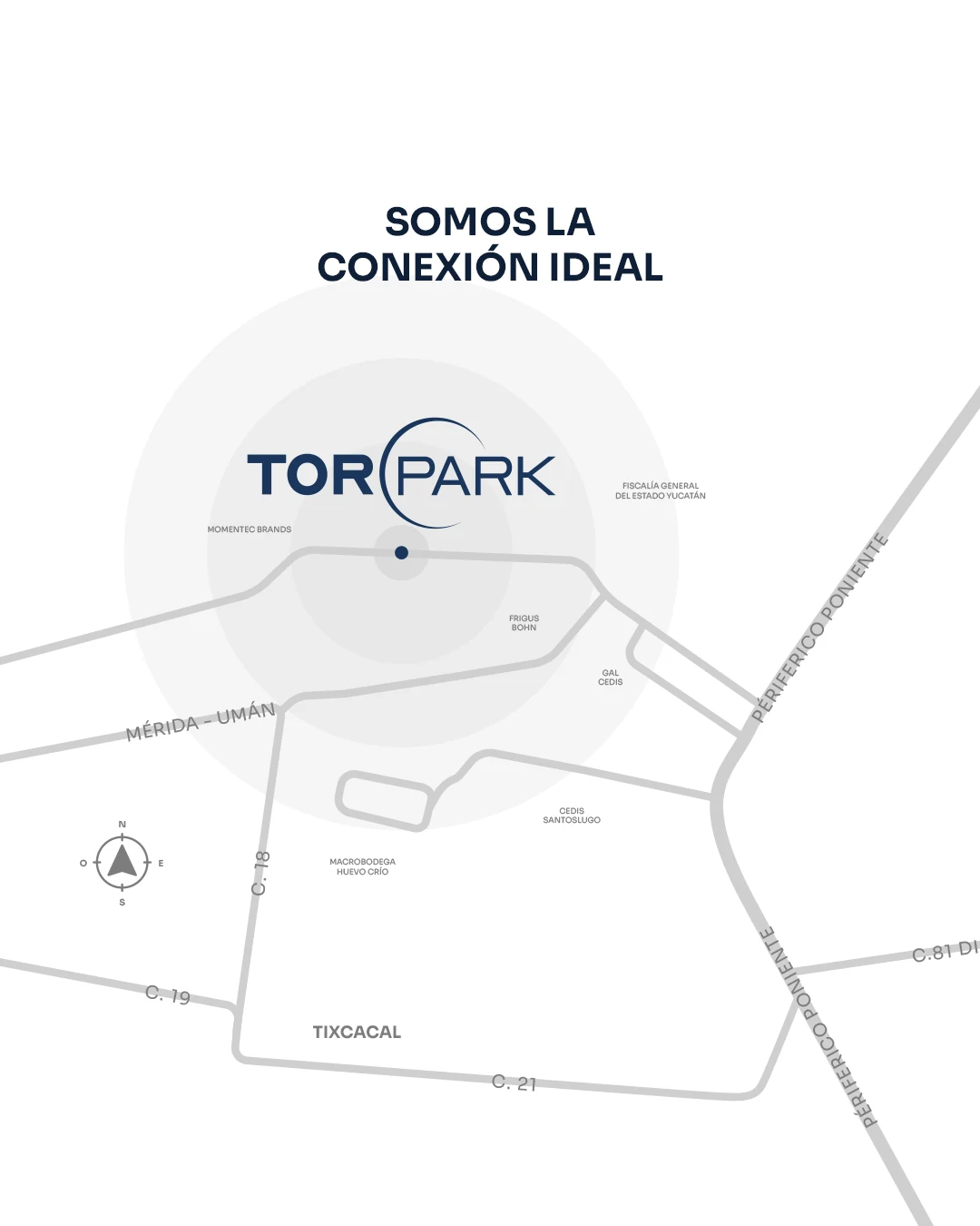 Croquis oficial de TOR Park rodeado de empresas vecinas (Momentec Brands, Fiscalía General del Estado, Frigus Bohn, GAL CEDIS, CEDIS Santoslugo, Macrobodega, Huevo Crío, Tixcacal) con el Periférico Poniente al este