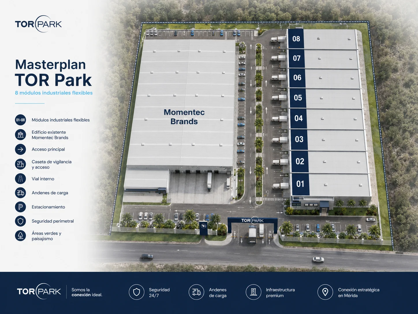 Masterplan de TOR Park: edificio existente de Momentec Brands a la izquierda y 8 módulos numerados (01 a 08) a la derecha, con caseta de vigilancia, vialidades, andenes y estacionamiento