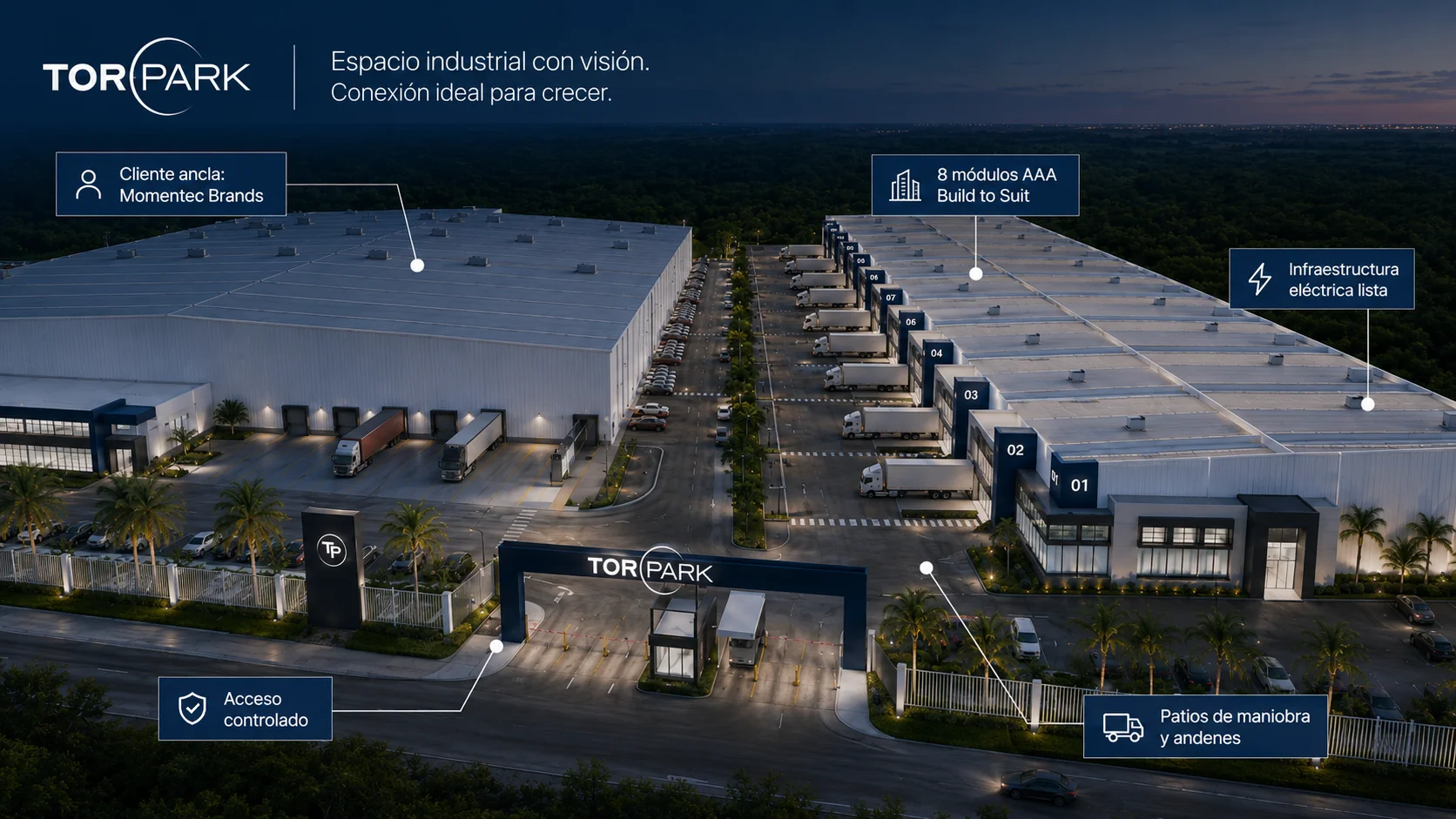 Render aéreo de TOR Park con sus atributos clave: cliente ancla Momentec Brands, 8 módulos AAA build-to-suit, infraestructura eléctrica lista, acceso controlado, patios de maniobra y andenes